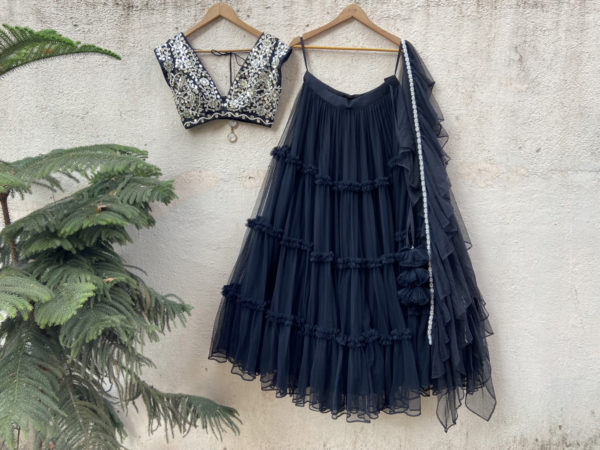 Black Tier Skirt With Black Raw Silk Mirror Work Blouse Black Thread Co Black Tier Skirt With Black Raw Silk Mirror Work Blouse Black Thread Co