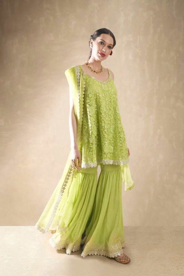 Carnation Lime Green Kurta and Gharara Black Thread Co