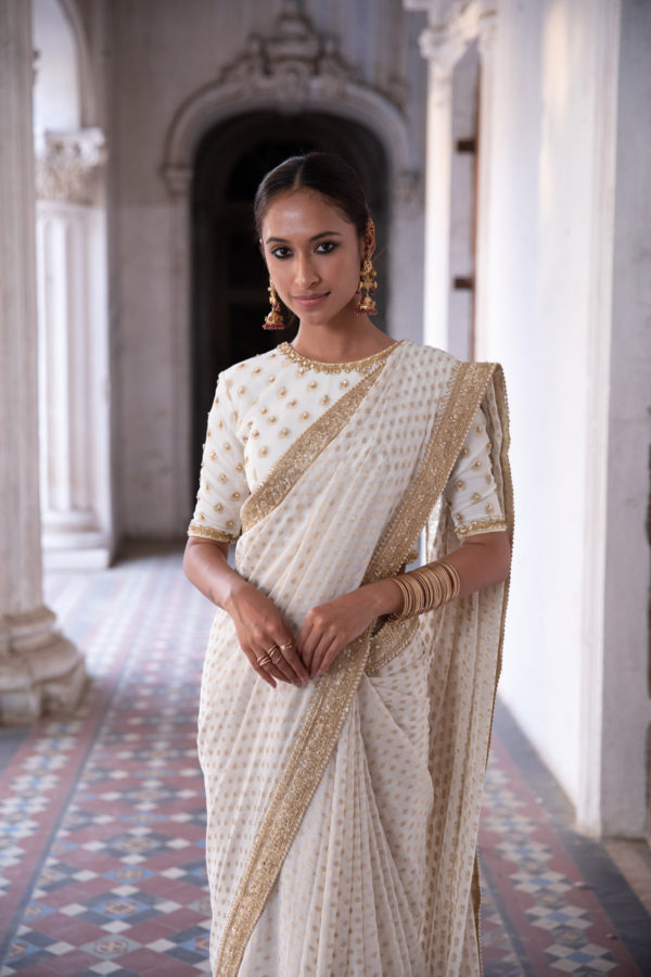 Chandni Ivory Benarasi Saree Black Thread Co Chandni Ivory Benarasi Saree Black Thread Co
