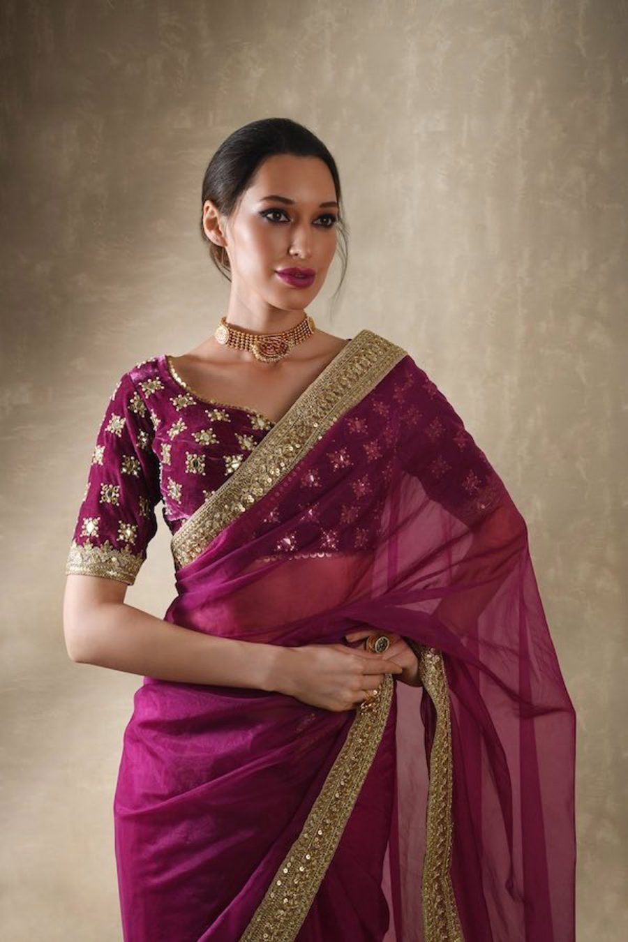 Clover Velvet Organza Pomegranate Saree Black Thread Co 5