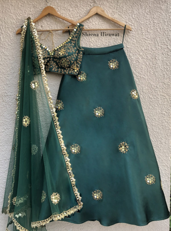 Emerald Green Mirror Work Lehenga Black Thread Co Emerald Green Mirror Work Lehenga Black Thread Co