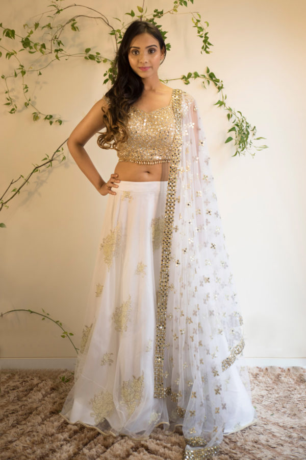 Gold Mirror Work Blouse with White Pearl Lehenga and Net Dupatta Black Thread Co Gold Mirror Work Blouse with White Pearl Lehenga and Net Dupatta Black Thread Co