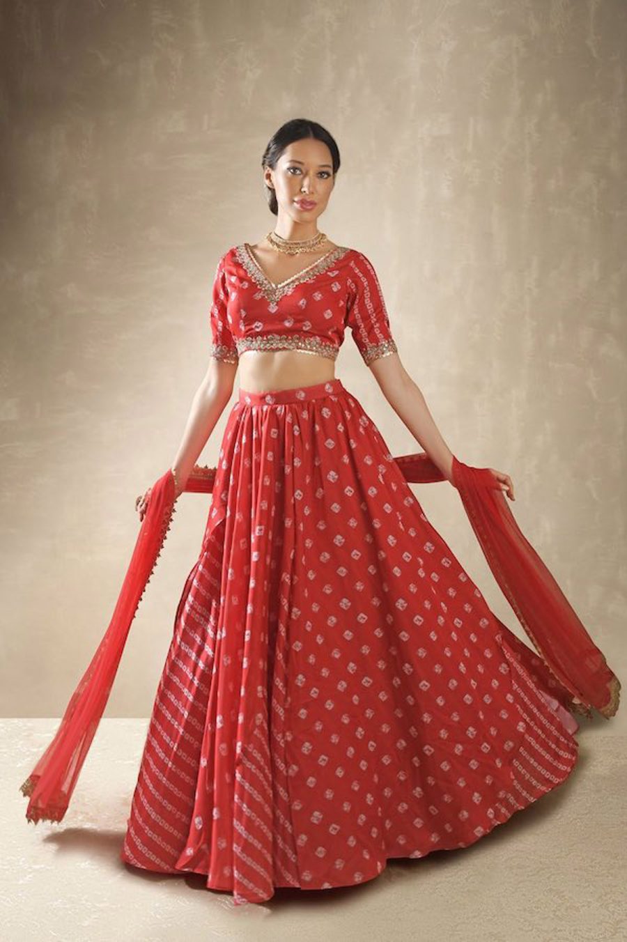Hibiscus Red, Linen, Satin Bandhani Lehenga - Image 2