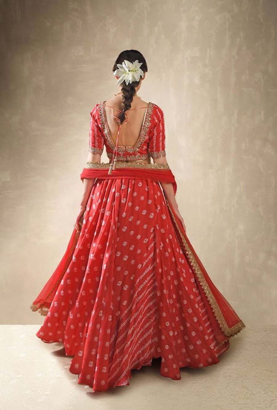 Hibiscus Red, Linen, Satin Bandhani Lehenga - Image 3