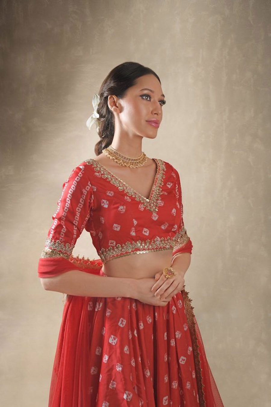 Hibiscus Red, Linen, Satin Bandhani Lehenga - Image 4