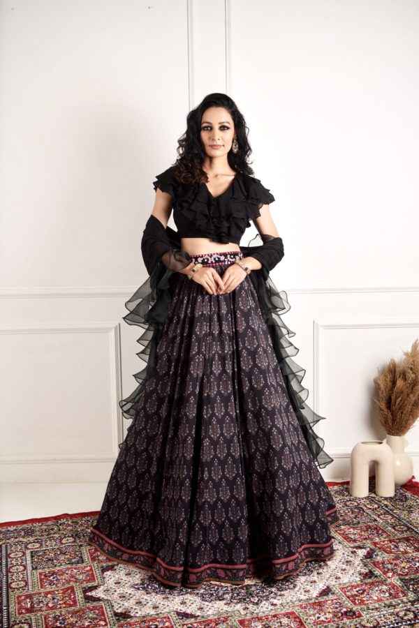 Imaara Black Ruffled Blouse and Printed Lehenga Black Thread Co Imaara Black Ruffled Blouse and Printed Lehenga Black Thread Co