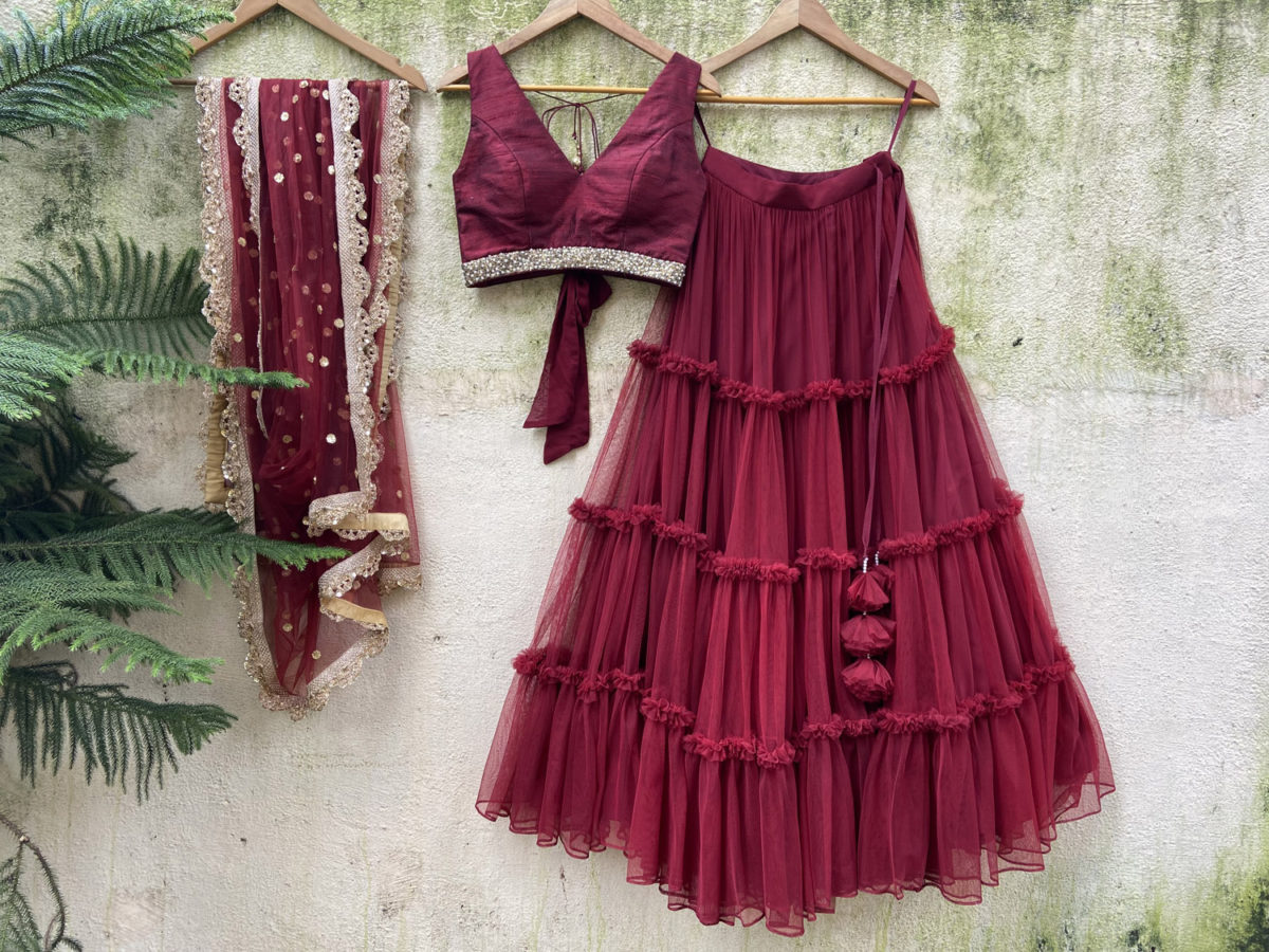 Burgundy Tier and Ruffle Lehenga Black Thread Co