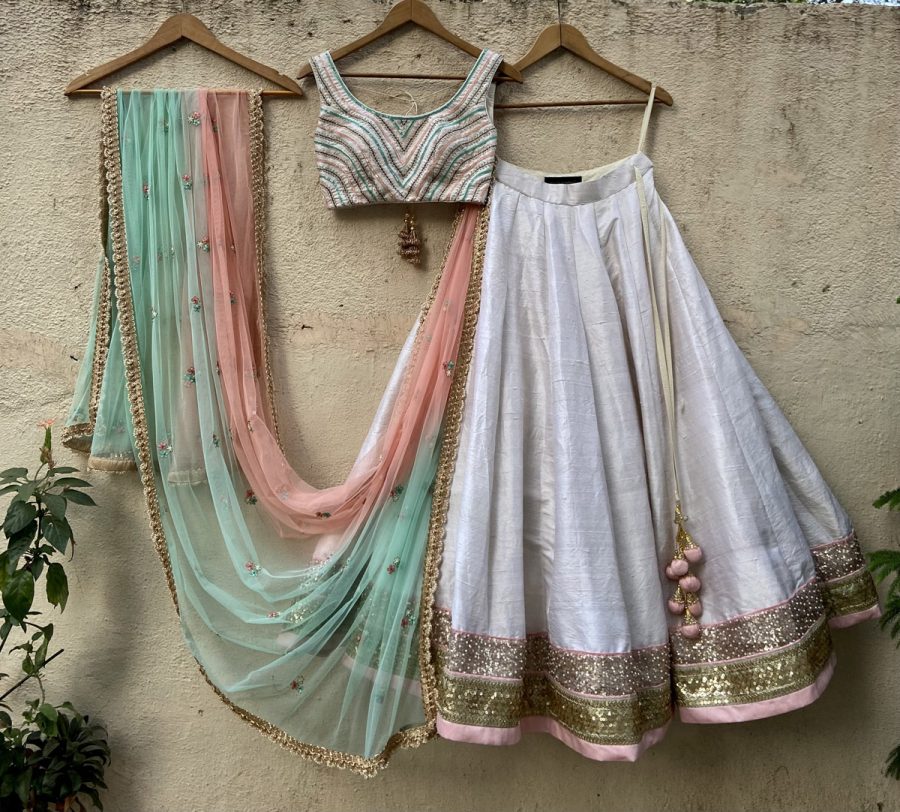 Off-White Raw Silk Lehenga Set with Colorful Blouse Black Thread Co 9