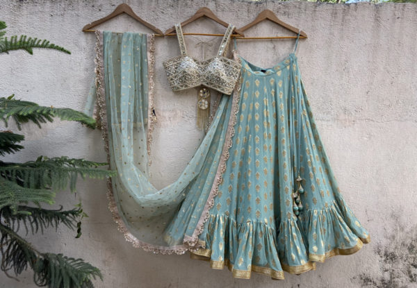 Ocean Green Ruffle Lehenga Set with Mirror Busier Black Thread Co