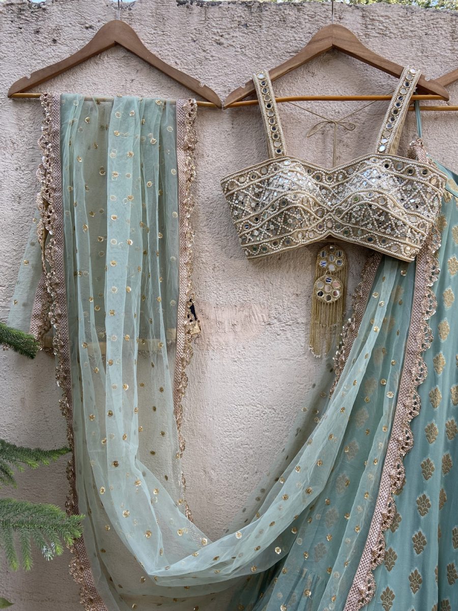 Ocean Green Ruffle Lehenga Set with Mirror Busier Black Thread Co 9
