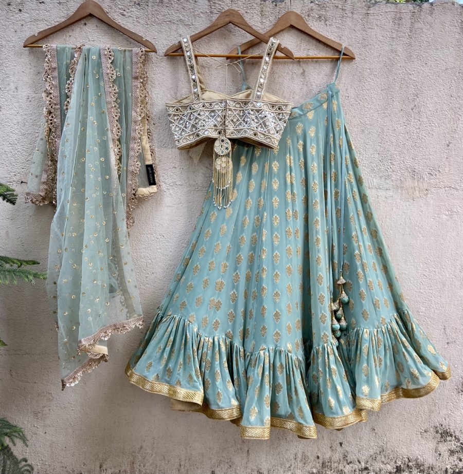 Ocean Green Ruffle Lehenga Set with Mirror Busier Black Thread Co 8
