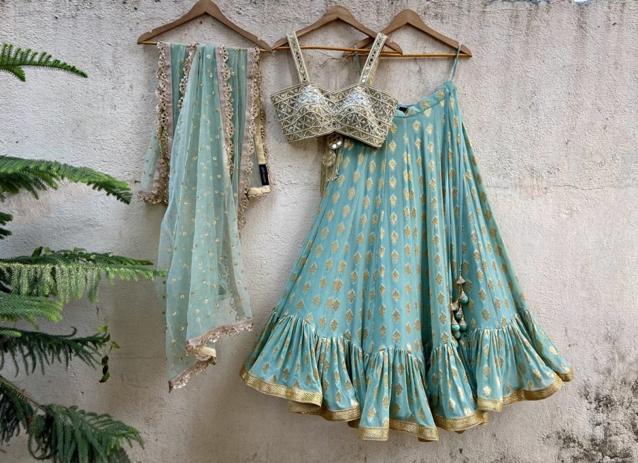 Ocean Green Ruffle Lehenga Set with Mirror Busier Black Thread Co 6
