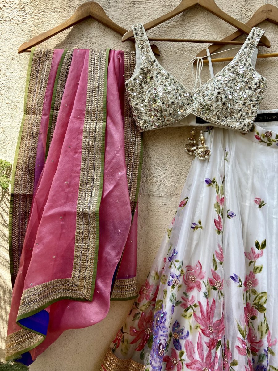 Ivory Hand-painted Organza Lehenga Set with Mirror Work Blouse Black Thread Co 6