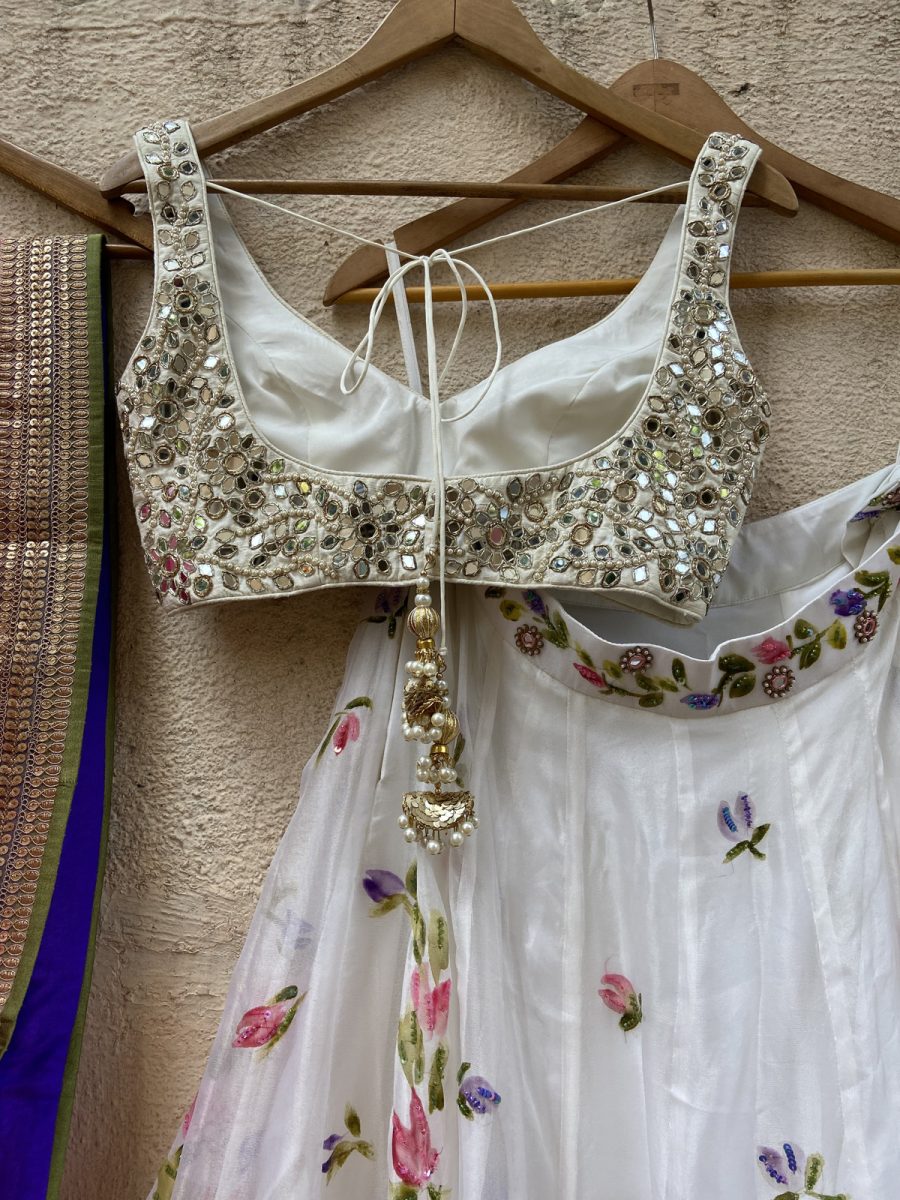 Ivory Hand-painted Organza Lehenga Set with Mirror Work Blouse Black Thread Co 9