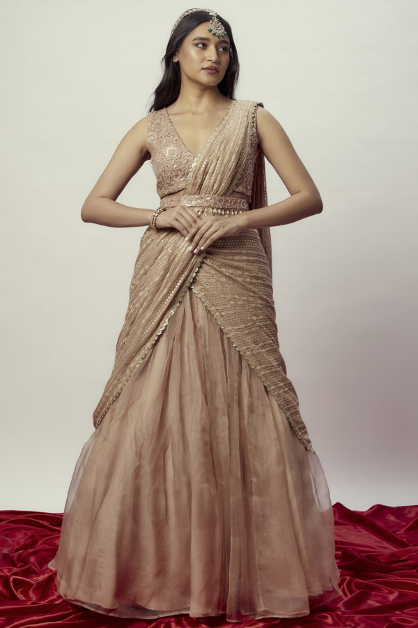Inaya Rose Gold Lehenga Saree Black Thread Co
