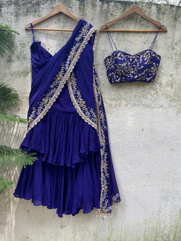 Indigo Blue Draped Ruffle Saree Black Thread Co