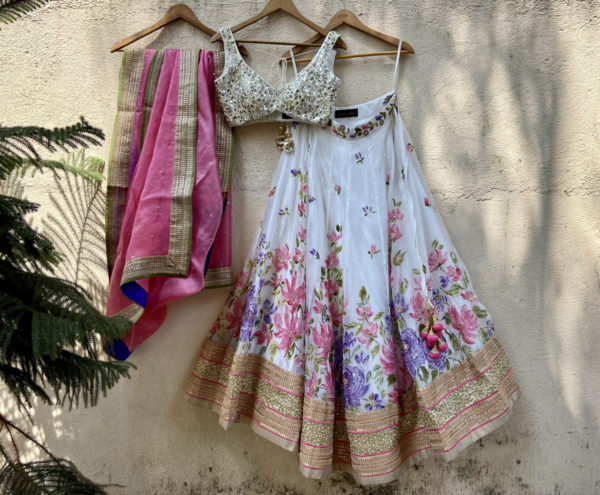 Ivory Hand-painted Organza Lehenga Set with Mirror Work Blouse Black Thread Co Ivory Hand-painted Organza Lehenga Set with Mirror Work Blouse Black Thread Co