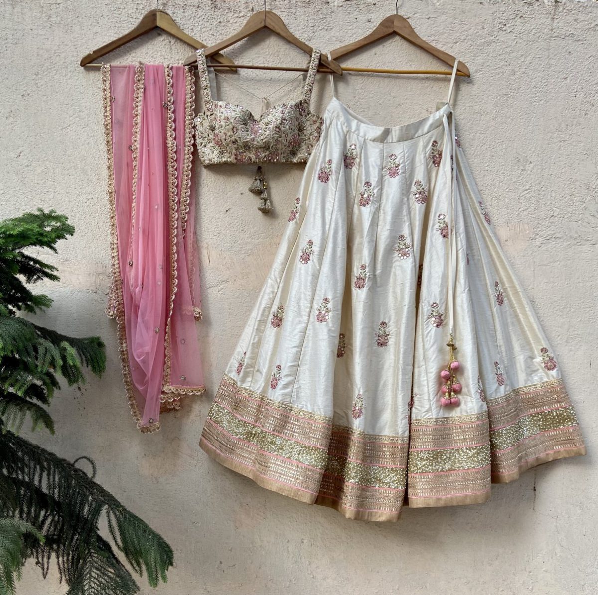 Ivory Raw Silk Lehenga with Mirror Work and Bustier Set Black Thread Co