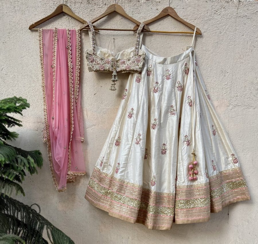 Ivory Raw Silk Lehenga with Mirror Work and Bustier Set - Image 4