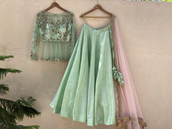 Mint Green Peplum Lehenga Set Black Thread Co