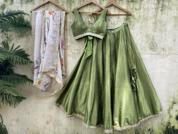 Moss Green Lehenga Set with Hand Painted Dupatta Black Thread Co Moss Green Lehenga Set with Hand Painted Dupatta Black Thread Co
