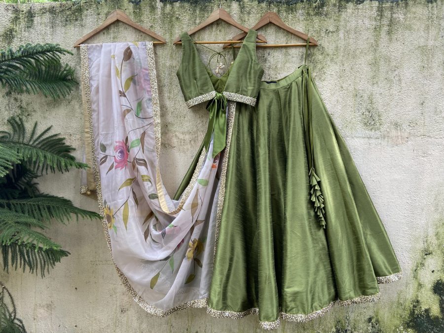 Moss Green Lehenga set with Hand Painted Dupatta - Image 5