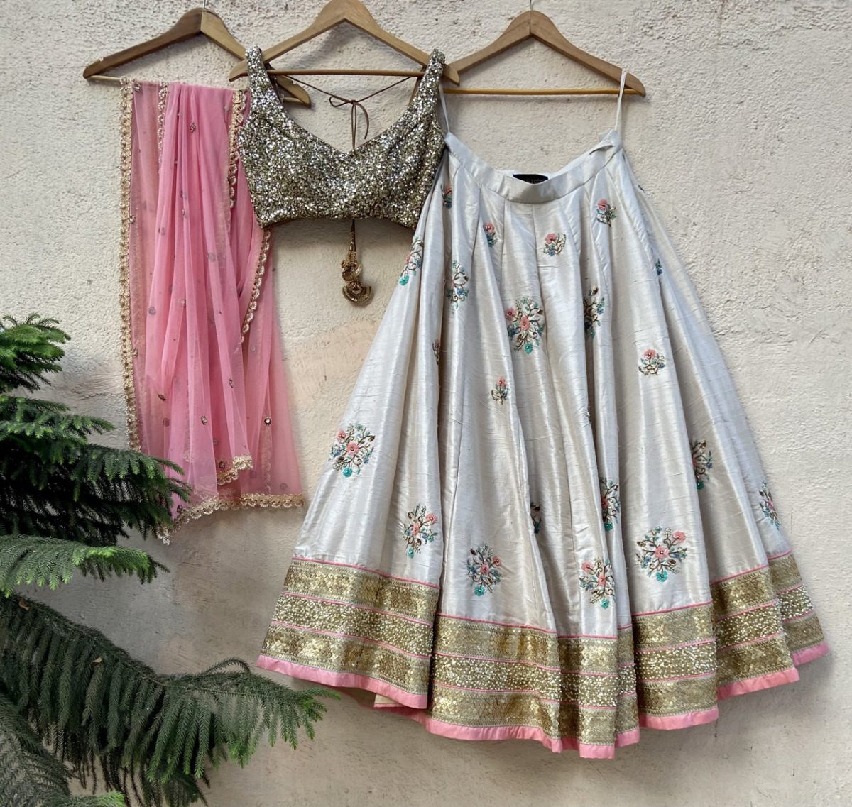 Off-White Raw Silk Lehenga with Colourful Embroidery Black Thread Co