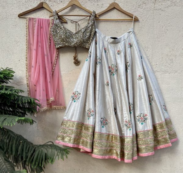Off-White Raw Silk Lehenga with Colourful Embroidery Black Thread Co Off-White Raw Silk Lehenga with Colourful Embroidery Black Thread Co