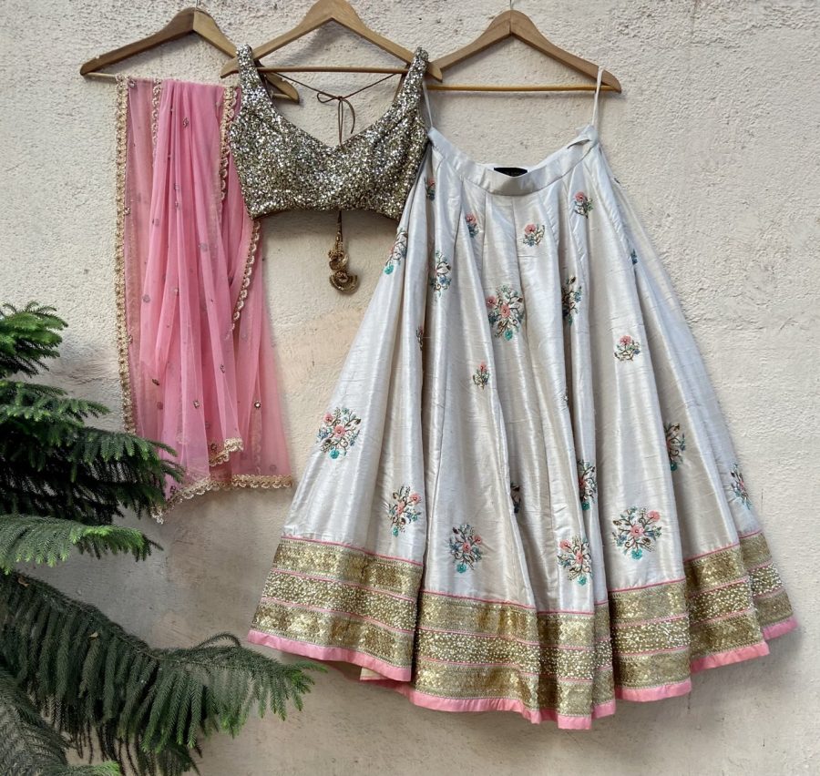 Off-White Raw Silk Lehenga with Colourful Embroidery - Designer Brand Priti Sahni - London England United Kingdom - Black Thread Co - 1