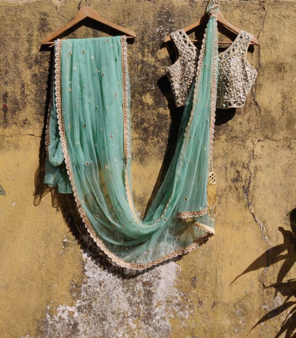 Teal Net Saree Black Thread Co
