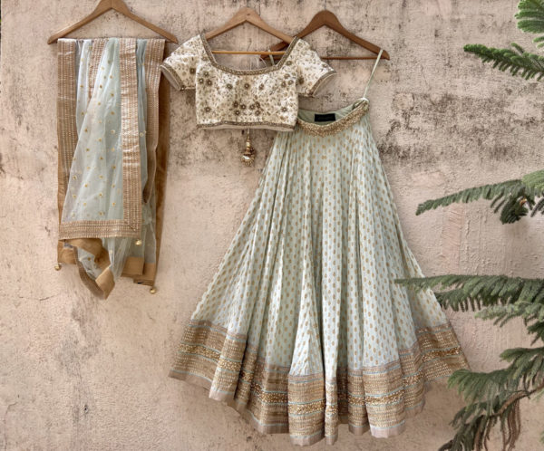 Pastel Mint Green and Ivory Lehenga Set Black Thread Co Pastel Mint Green and Ivory Lehenga Set Black Thread Co