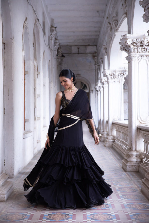 Pia Midnight Black Lehenga Saree Black Thread Co
