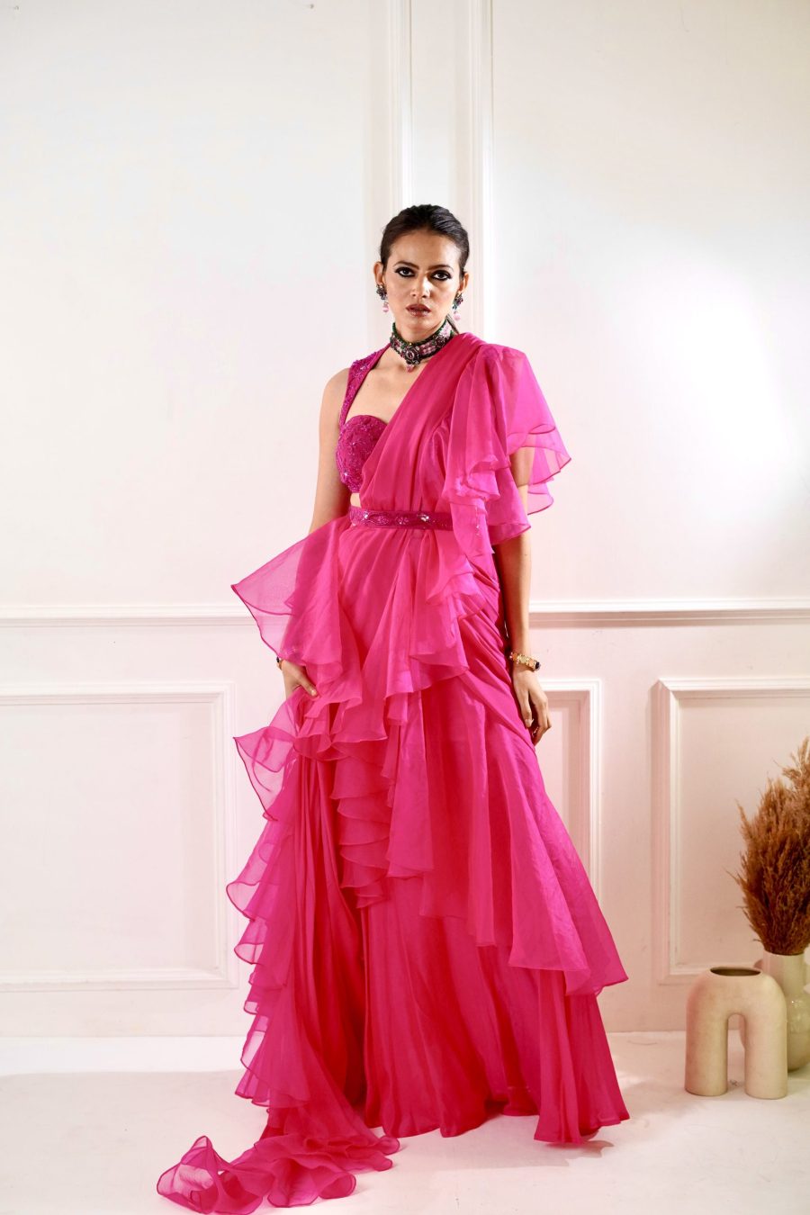 Rosie Pink Ruffle Saree Black Thread Co 5