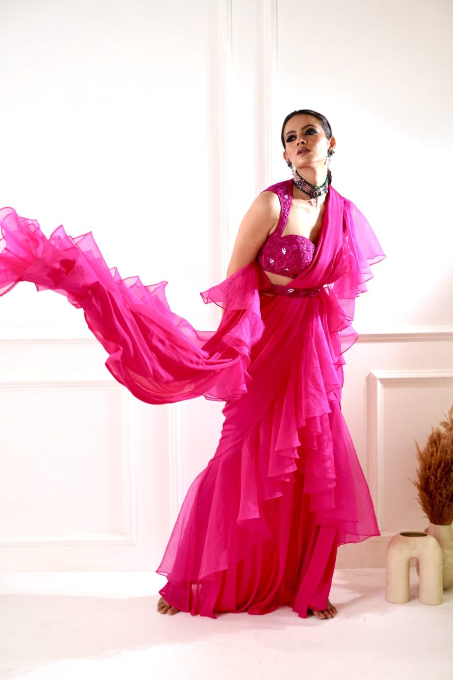 Rosie Pink Ruffle Saree Black Thread Co 6