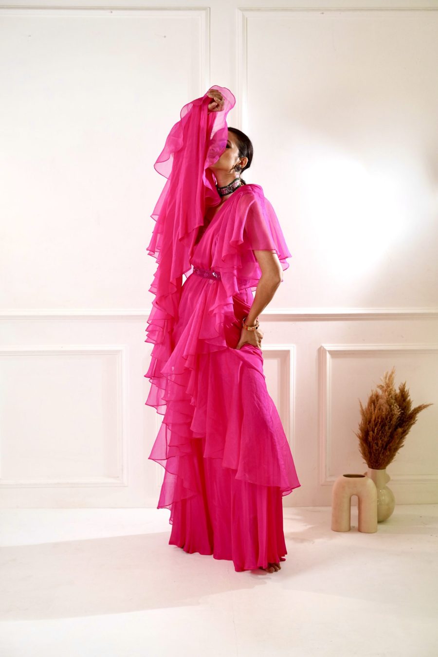 Rosie Pink Ruffle Saree Black Thread Co 8