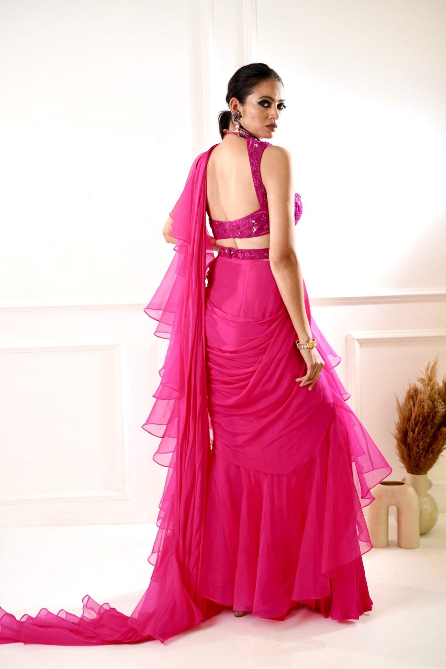 Rosie Pink Ruffle Saree Black Thread Co 12