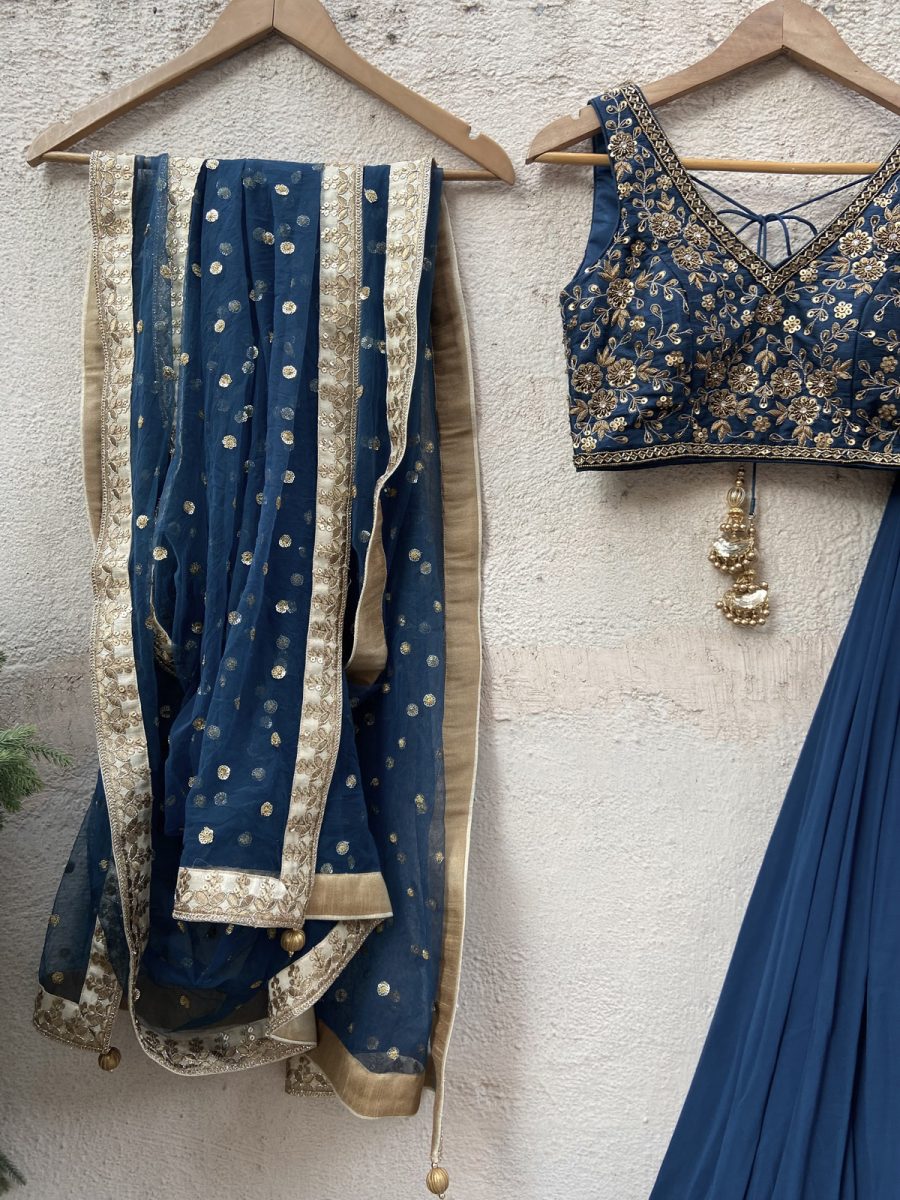 Teal Georgette Pleated Lehenga Set with Embroidered Blouse - Image 3