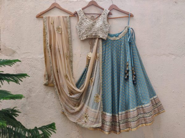 Turkish Blue and Nude Lehenga Set Black Thread Co