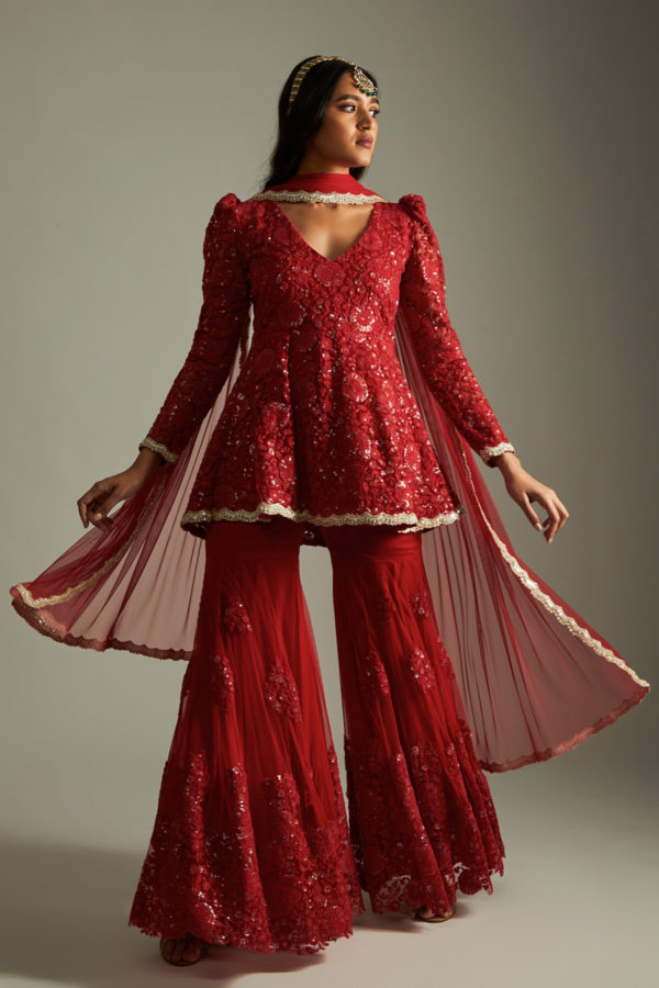 Ahana Ruby Red Floral Kurta Gharara Set Black Thread Co Ahana Ruby Red Floral Kurta Gharara Set Black Thread Co
