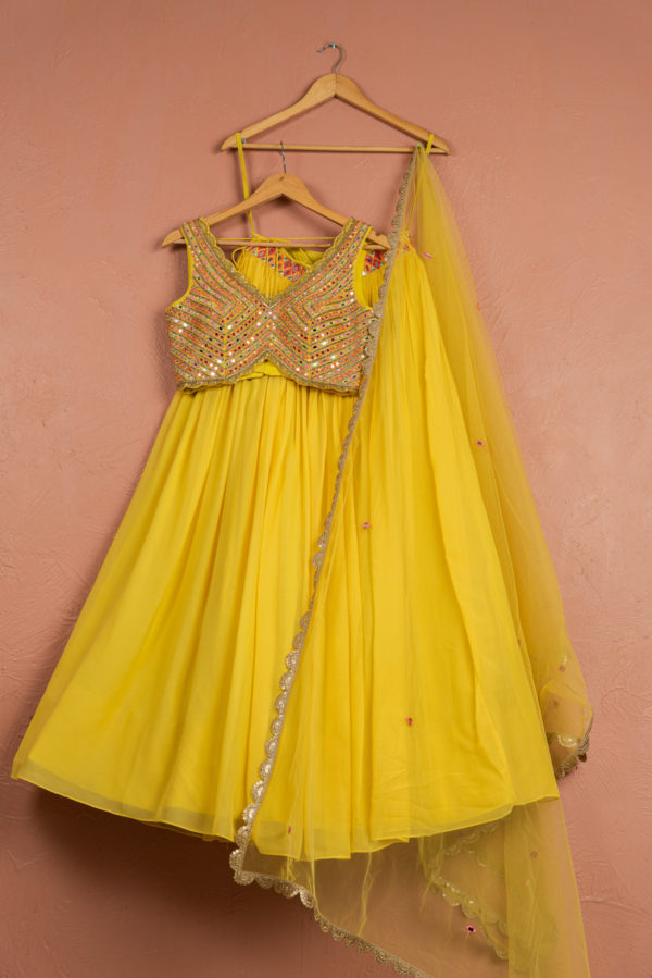 Bumblebee Yellow Lehenga With Colored Blouse Black Thread Co