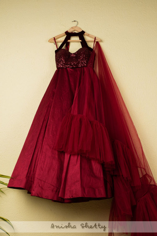Burgundy Lehenga With Sequence Halter Blouse and Frill Dupatta Black Thread Co 3