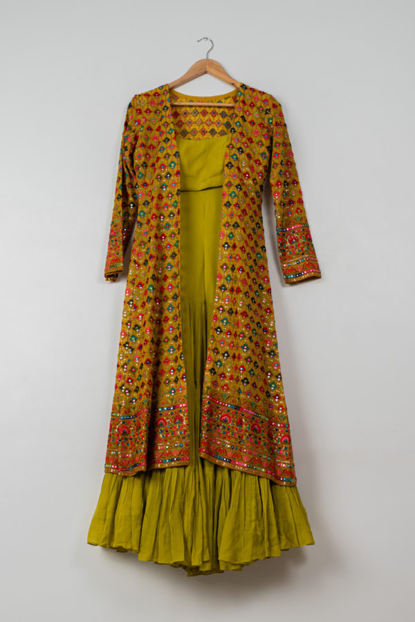Charteuse Green Sharara With Yellow Multicolor Jacket Black Thread Co Charteuse Green Sharara With Yellow Multicolor Jacket Black Thread Co