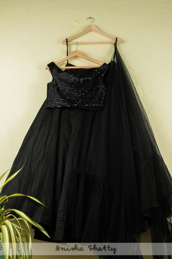 Jade Black Lehenga With Offshoulder Sequence Blouse and Frill Dupatta Black Thread Co