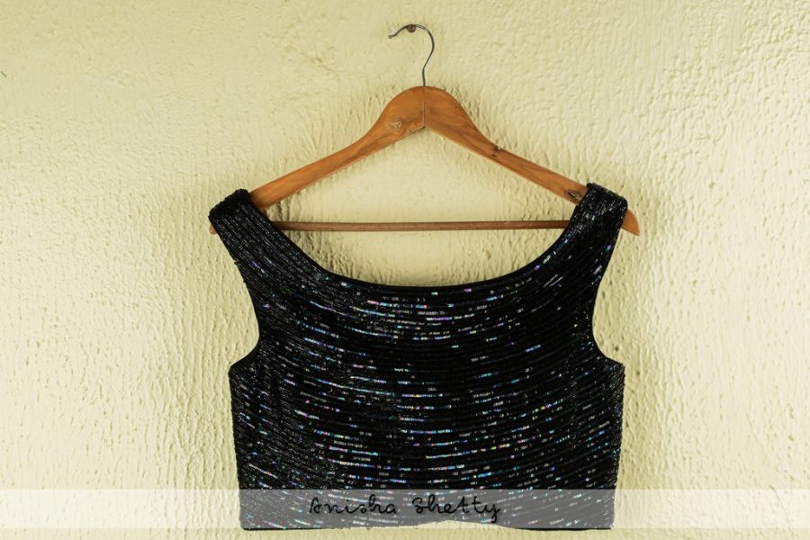 JADE BLACK LEHENGA WITH OFFSHOULDER SEQUENCE BLOUSE AND FRILL DUPATTA 3 Anisha Shetty Black Thread Co UK