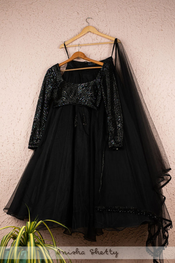 Jade Black Organza Lehenga With Full Sleeve Sequence Blouse and Tassel Dupatta Black Thread Co Jade Black Organza Lehenga With Full Sleeve Sequence Blouse and Tassel Dupatta Black Thread Co