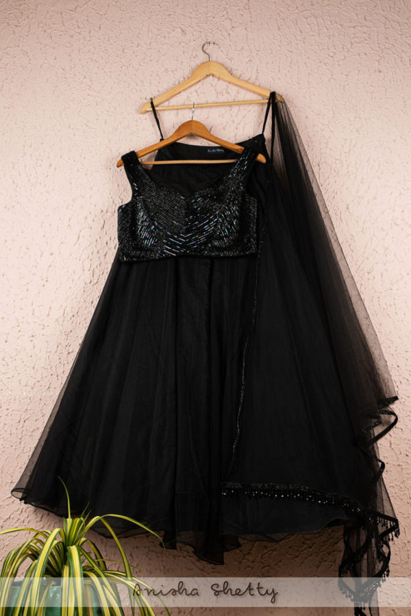 Jade Black Organza Lehenga With Offshoulder Sequence Blouse and Tassel Dupatta Black Thread Co