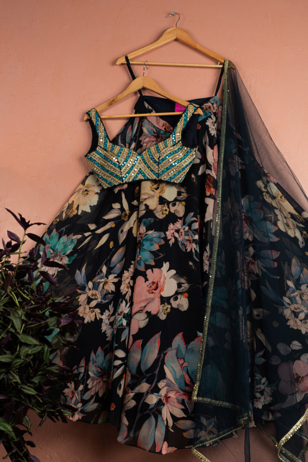 Midnight Blue Floral Blossom Lehenga With Blue & Gold Mirrorwork Blouse Set Black Thread Co Midnight Blue Floral Blossom Lehenga With Blue & Gold Mirrorwork Blouse Set Black Thread Co