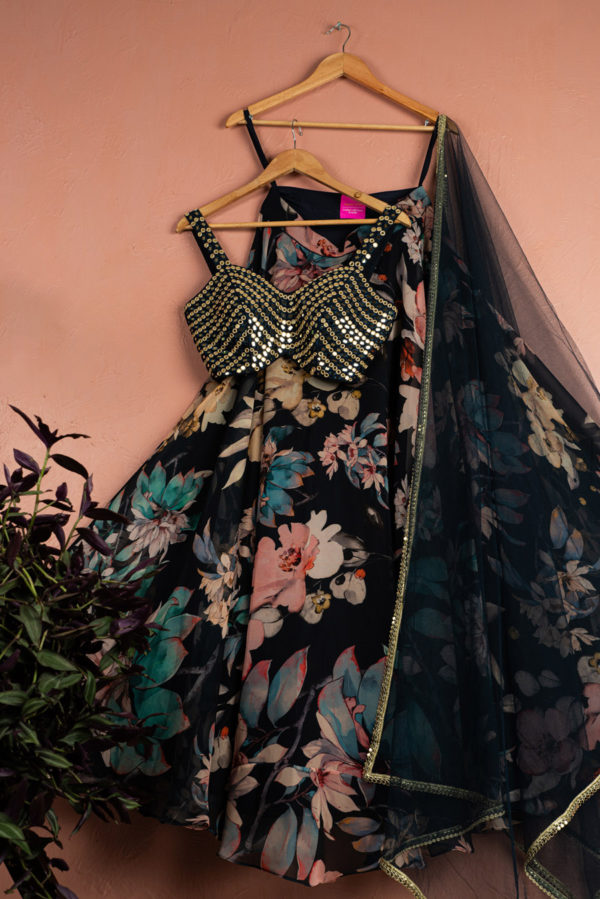 Midnight Blue Floral Blossom Lehenga With Gold & Blue Mirror Work Blouse Set Black Thread Co