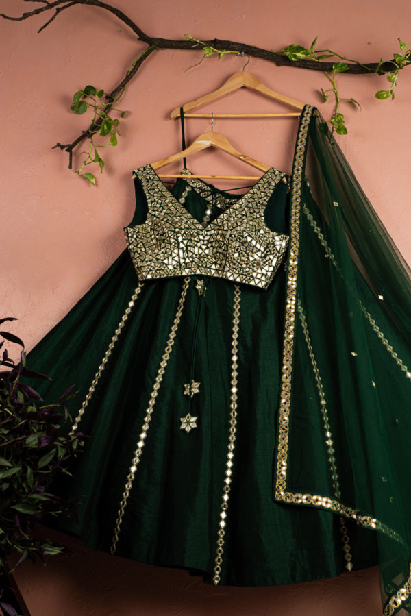 Emerald Green Mirrorwork Lehenga Set Black Thread Co