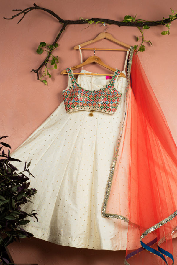 Ivory Kaleidoscope Dream Blouse With Ivory Stonework Lehenga & Red Dupatta Black Thread Co